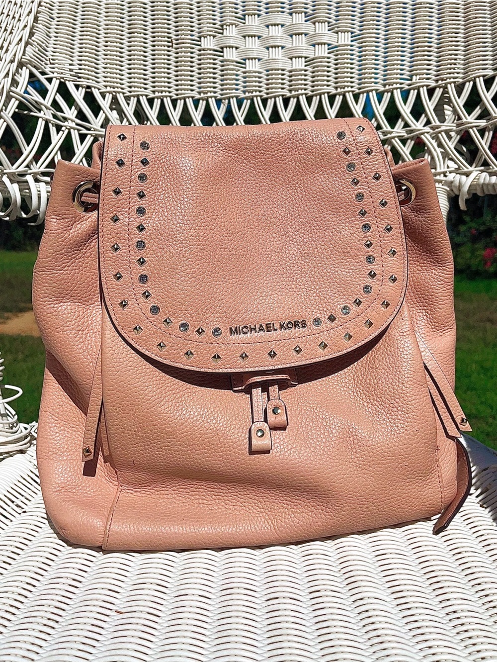 Michael Kors Blush Pink Pebbled Leather Stud-Embellished Drawstring Backpack